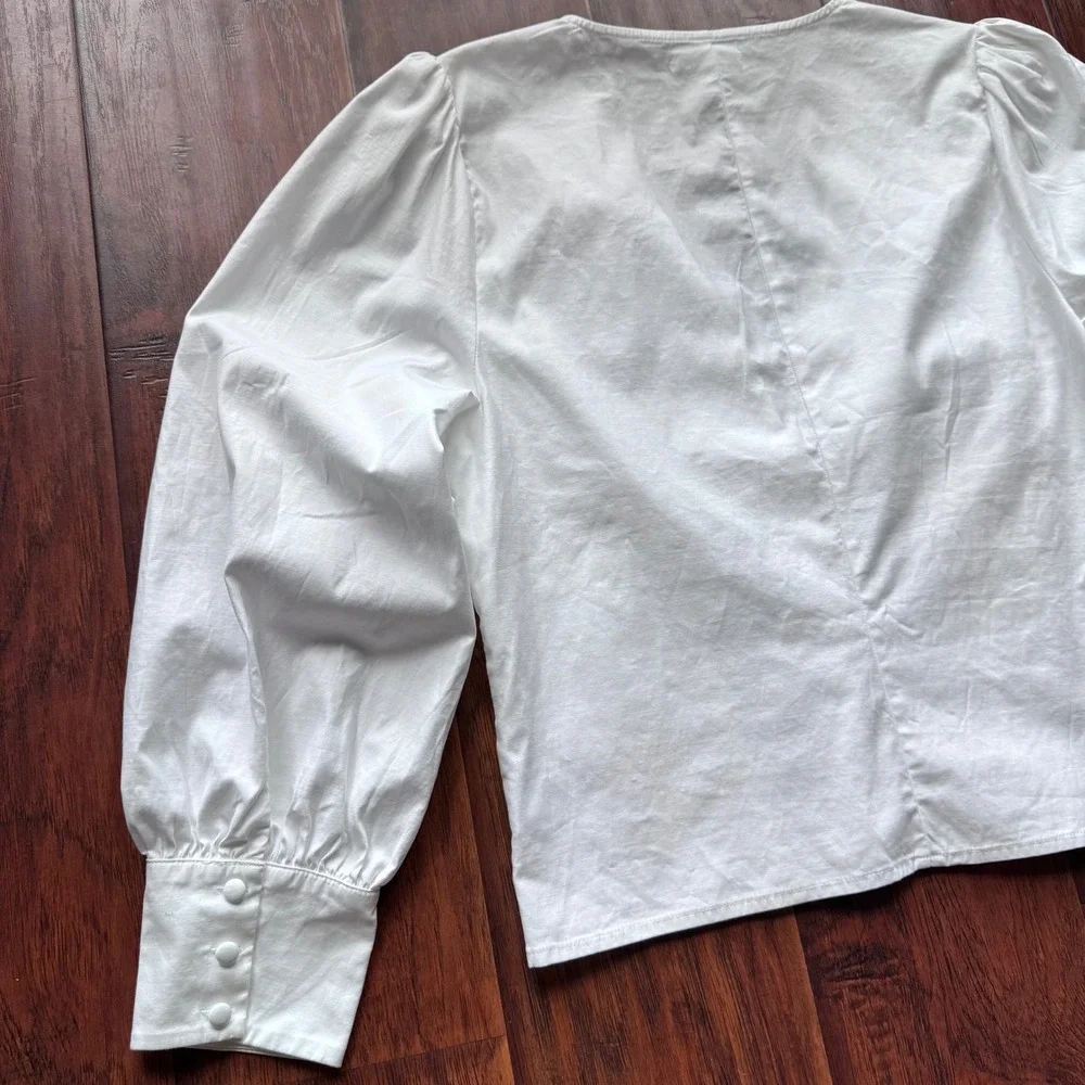 Reformation White V-Neck Puff Sleeve Button Front Top Blouse Sz 12 Cottagecore